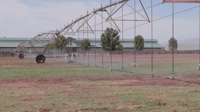 Slow Motion Mechanical Move Irrigation System Watering Feild