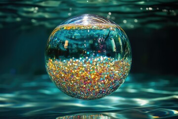 A glass sphere filled with colorful glitter floats serenely in teal water, creating a mesmerizing underwater scene.
