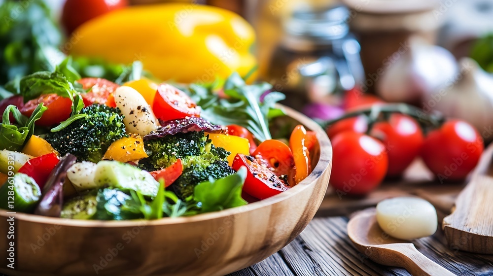 Poster vibrant fresh vegetable salad in a wooden bowl on a rustic table with colorful ingredients : generat