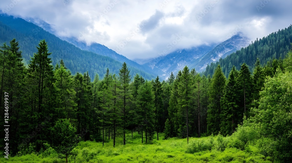 Poster breathtaking landscape view of lush green forest with majestic mountains in the background under a c