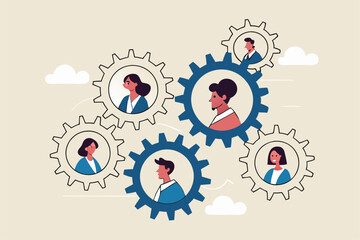 Team or organization, office role or job position or skills to drive company, teamwork or collaboration for success, team effort concept, business people working to rotate connected cogwheels gear.