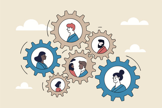 Team or organization, office role or job position or skills to drive company, teamwork or collaboration for success, team effort concept, business people working to rotate connected cogwheels gear.