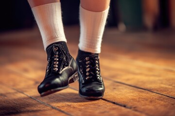 A female ballet dancer practicing her moves, wearing traditional black and white ballet shoes.