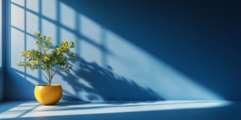 Bright Indoor Plant in Yellow Pot Casts Shadows on Blue Wall During Sunny Morning Light
