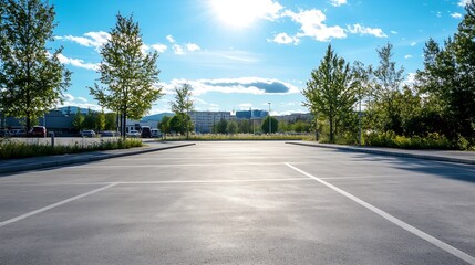 Empty parking lot bathed in sunlight with clear blue sky and green trees on the edge of the area : Generative AI