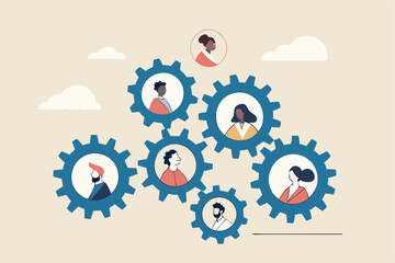Team or organization, office role or job position or skills to drive company, teamwork or collaboration for success, team effort concept, business people working to rotate connected cogwheels gear.