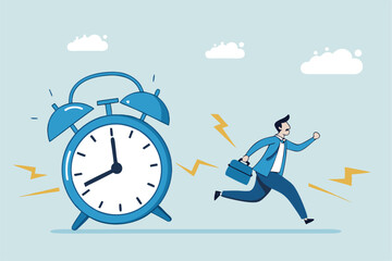 Late, hurry to go to work, rushing or running fast before deadline, speed or busy job, pressure or challenge to finish work in time, urgency concept, frustrated businessman hurry running to work late.