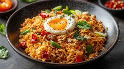 Fork up some delicious Indomie Goreng noodles for a meal with a copy space image.