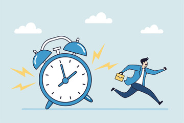 Late, hurry to go to work, rushing or running fast before deadline, speed or busy job, pressure or challenge to finish work in time, urgency concept, frustrated businessman hurry running to work late.
