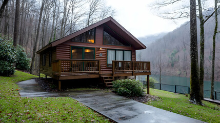 Mountain cabin rental near lake, autumn