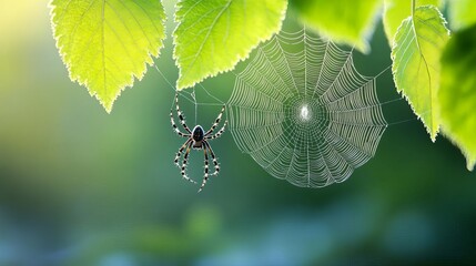A spider weaving its web between swinging green leaves