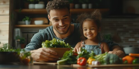 Father and daughter preparing fresh vegetables together in a cozy kitchen