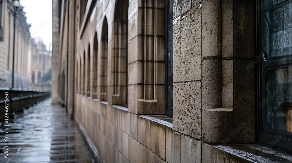 Leinwandbilder wet stone architecture of a historical building captured in refreshing rain : generative ai