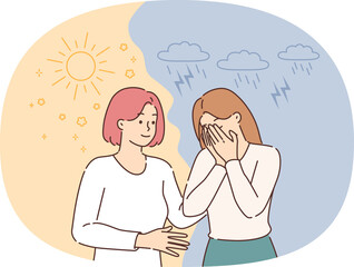 Influence of climate on emotional health of woman crying during rain and smiling after sun comes out. Empathetic positive girl supports upset friend experiencing emotional health problems