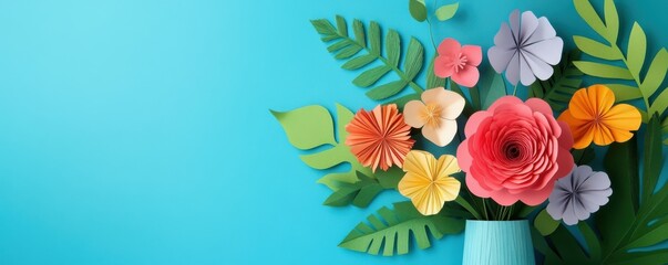 Obraz premium Colorful paper flower bouquet with lush green leaves on blue background
