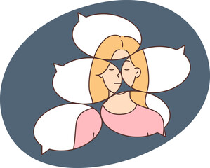 Public opinion is portrait of woman, created from comments and dialogue clouds symbolizing someone else opinion. Concept of public shaming for dishonest person or cancel culture ruining girl life