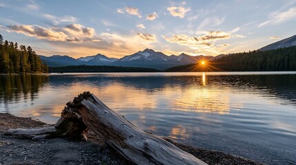 Stunning sunset over tranquil lake with reflection of mountains and trees in water : Generative AI