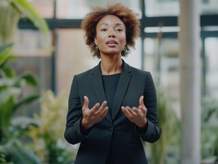 African American female executive in business attire giving a presentation.