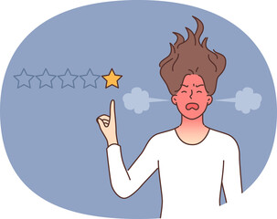 Woman hater puts one star to ruin rating of company that is to blame for negative user experience. Angry girl with red head leaves bad review and worsens rating due to poor quality services.