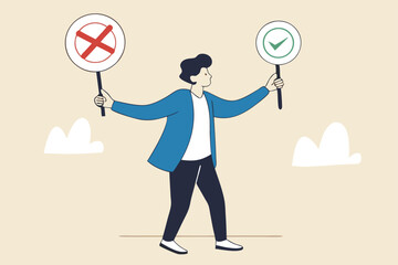 Business decision right or wrong, true or false, correct and incorrect, moral choosing option concept, thoughtful businessman holding right or wrong of left and right hand while making decision.