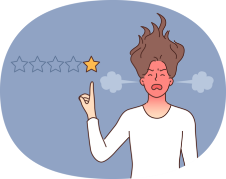 Woman hater puts one star to ruin rating of company that is to blame for negative user experience. Angry girl with red head leaves bad review and worsens rating due to poor quality services.