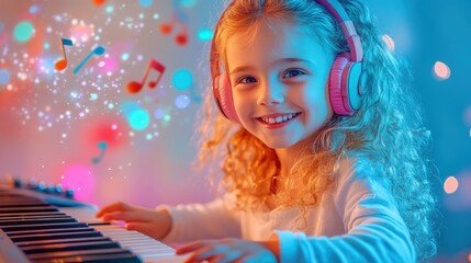 Fototapeta premium Joyful music school ad: young girl enthusiastically plays the keyboard!