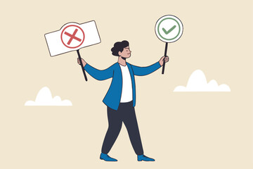 Business decision right or wrong, true or false, correct and incorrect, moral choosing option concept, thoughtful businessman holding right or wrong of left and right hand while making decision.