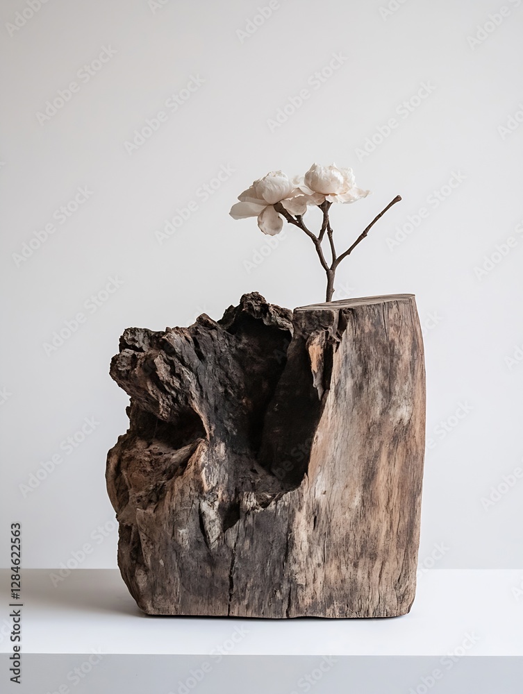 Poster artistic wooden sculpture with elegant flowers creating a modern aesthetic display : generative ai