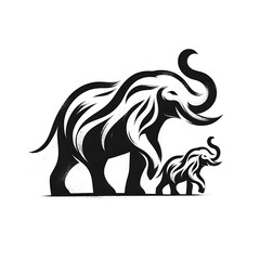 Obraz premium Stylized black and white illustration of an adult elephant and a baby elephant.