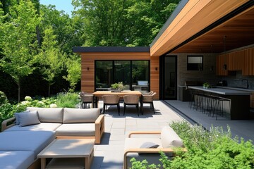 Home patio with modern seating, wooden deck, stone barbecue grill, outdoor table and chairs, green plants, sunlight ambiance
