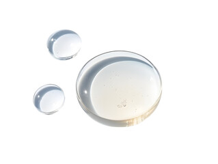 Clear serum oil sample swatch round shape texture isolated on white background. cosmetic Hyaluronic acid retinol collagen science lab product sample