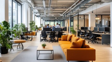 Modern and vibrant coworking space design, featuring comfortable seating, abundant natural light, and lush greenery, creating a productive and inspiring work environment.