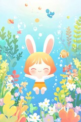 Fototapeta premium Happy Little Girl with Bunny Ears Floating Underwater in a Magical Garden