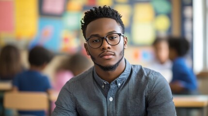 Fototapeta premium A young African American male teacher is posed thoughtfully in a classroom. His confident expression and smart attire reflect professionalism and dedication to education.