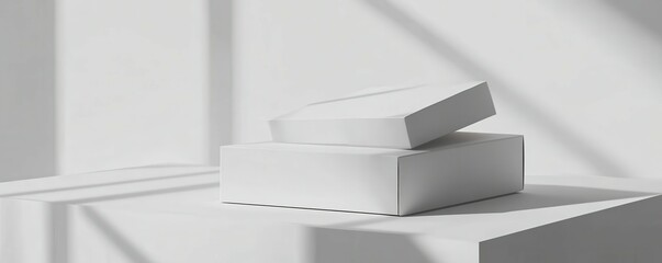 Minimalist white box display with geometric shadows on clean surface