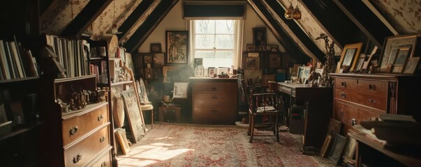 Cozy vintage attic room with sunlight and antique furniture