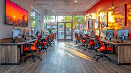 Fototapeta premium Modern Office Workspace with Sleek Desks and Ergonomic Chairs