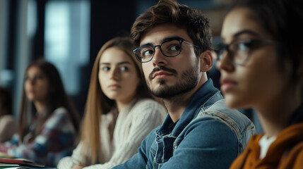 Obraz premium Group of focused university students listening to a lecture, paying attention to the lesson and learning new concepts