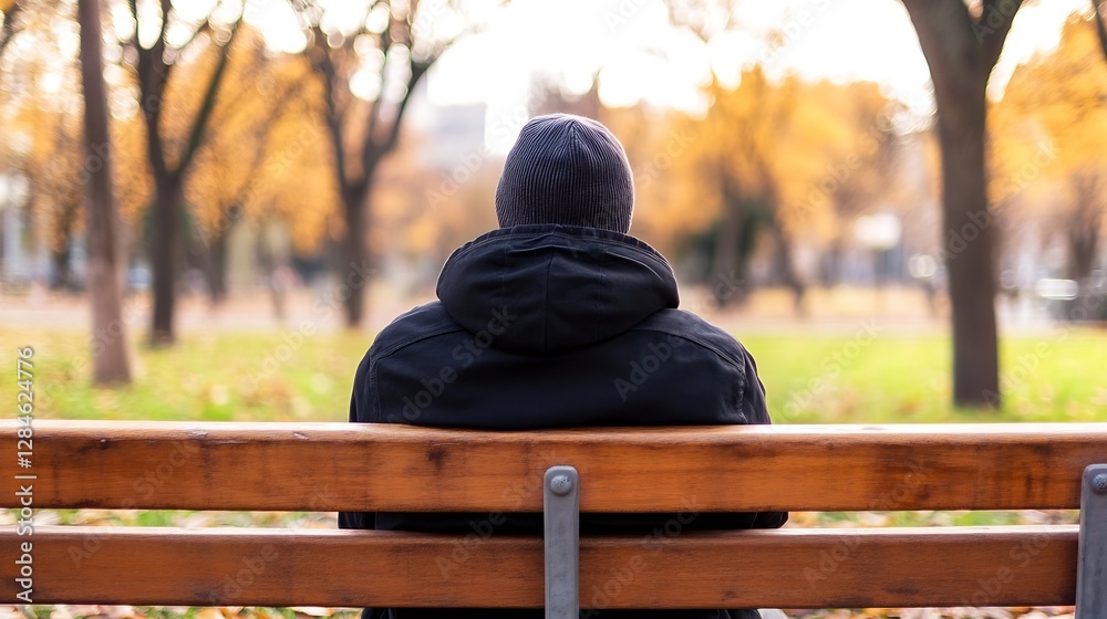 Poster contemplative person sitting on a park bench surrounded by vibrant autumn trees and leaves : generat