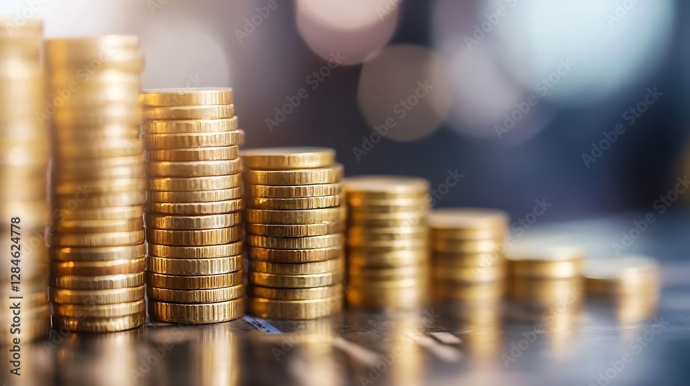 Fototapete Stacks of shiny golden coins arranged in ascending order on a blurred background : Generative AI