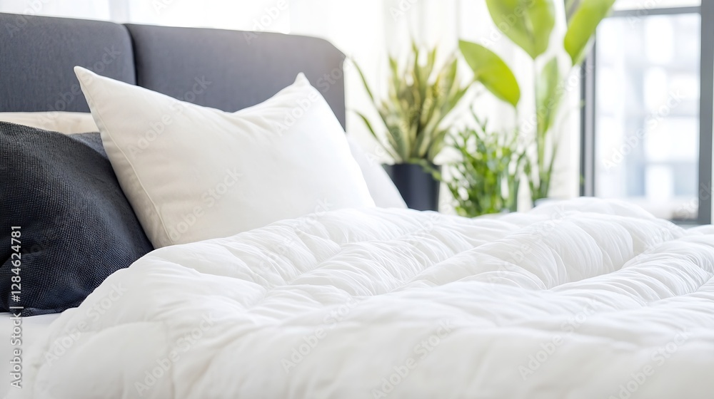 Poster fresh and inviting bedroom scene featuring a comfortable bed with white bedding and plants in the ba