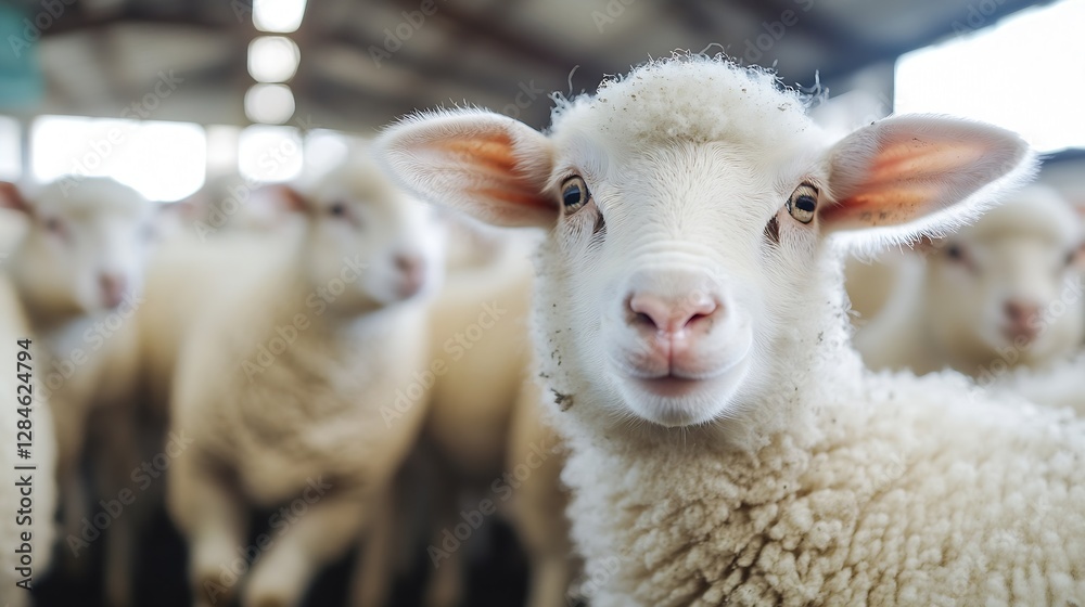 Aufkleber Adorable fluffy sheep with a curious expression among a flock in a cozy barn setting : Generative AI