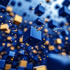 A blue sky contains the falling cubes and floating objects