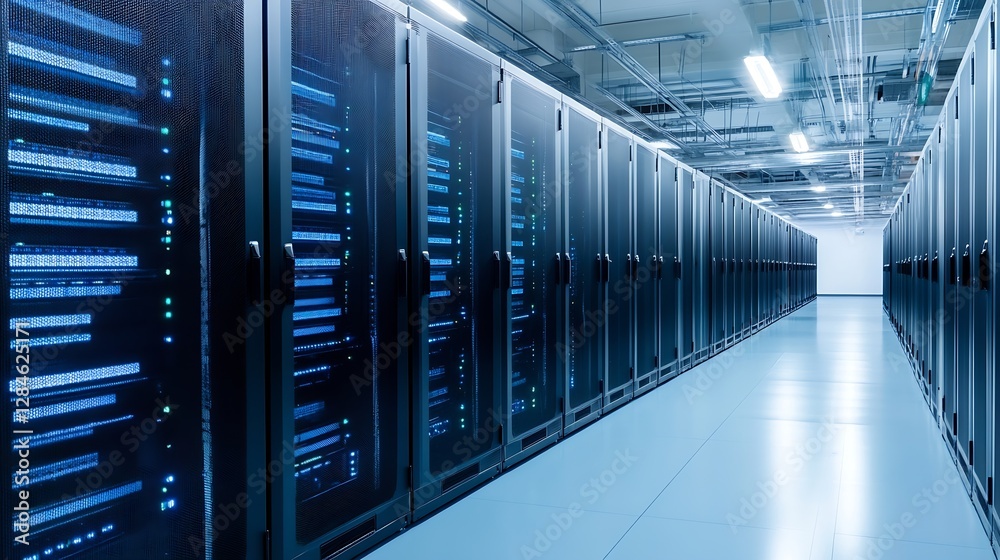 Leinwandbilder Modern data center corridor featuring sleek servers and advanced technology in a welllit environment for enhanced connectivity : Generative AI