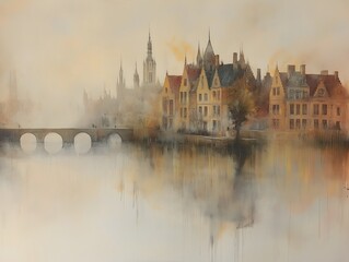 Fototapeta premium Misty Reflections: A serene waterscape presents a picturesque town with old architecture, bridges, and reflections in the water, shrouded in a gentle mist.