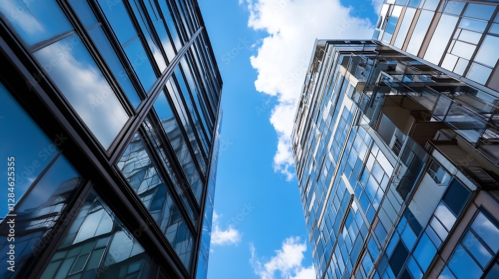 Poster modern highrise buildings reflecting blue sky and clouds showcasing urban architecture : generative 