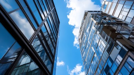 Obraz premium Modern highrise buildings reflecting blue sky and clouds showcasing urban architecture : Generative AI
