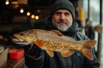 Obraz premium Fisherman proudly displays freshly caught trout at a bustling market during a chilly morning