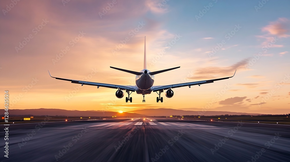 Aufkleber commercial airplane taking off at sunset creating an impressive aviation scene : generative ai