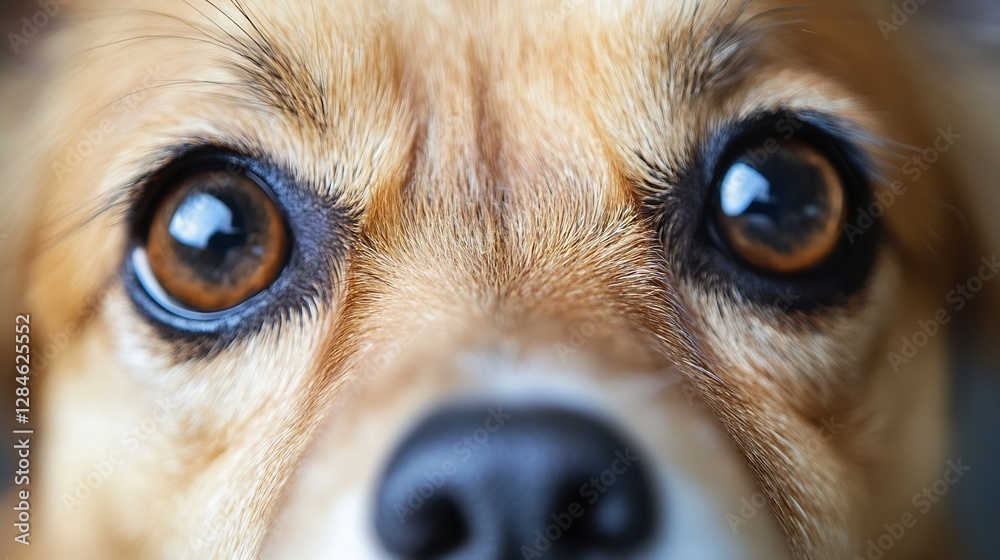 Poster close up of a sweet dog with expressive brown eyes and soft fur looking inquisitively at the camera 